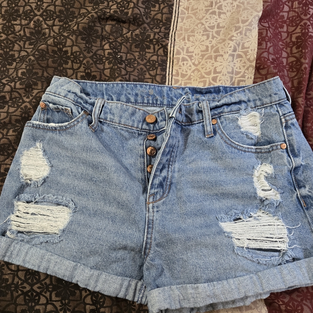 Blue High-Waisted Distressed Jean Shorts